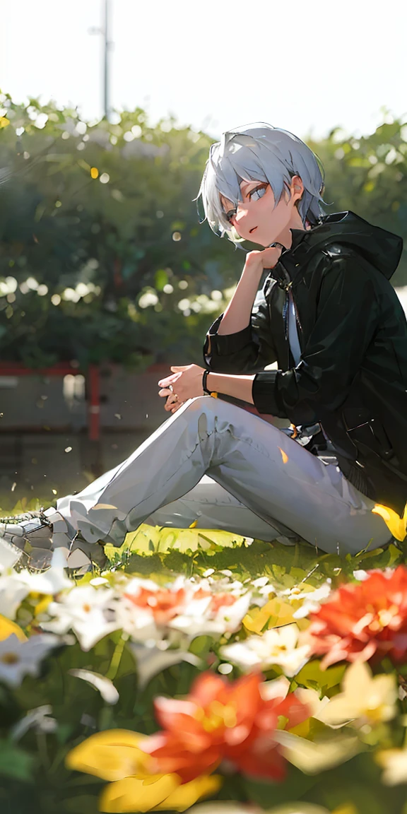 (masterpiece, best quality), 1 man with short white hair sitting in a field of green plants and flowers, his hand under his chin, warm lighting, white clothes, white pants, blurry foreground