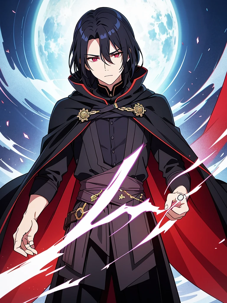 Valen is a charismatic and enigmatic figure with a commanding presence. He has raven-black hair that falls in disheveled waves over his forehead, partially obscuring his intense, crimson eyes. Valen's attire is dark and regal, adorned with arcane symbols that hint at his connection to forbidden magic.

His features are sharp, with a chiseled jawline and a slightly pale complexion. There's an air of mystery around him, accentuated by a cloak that seems to absorb the light, creating an unsettling silhouette.