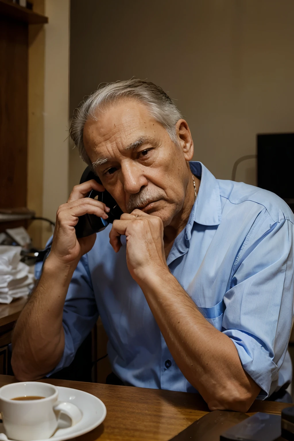 Old man at home, on the phone to call the police
