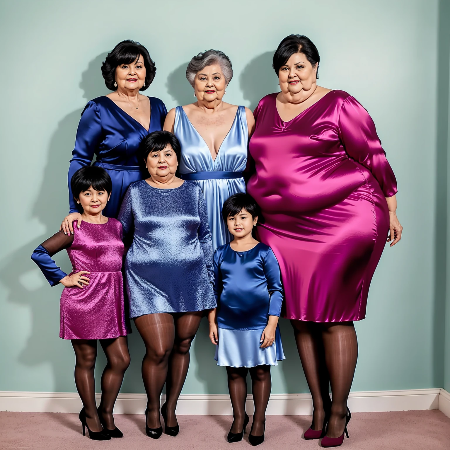 Large Family Grandma Mother Aunt Sister Obese Silk Dresses High Heels Pantyhose Full body black Hair