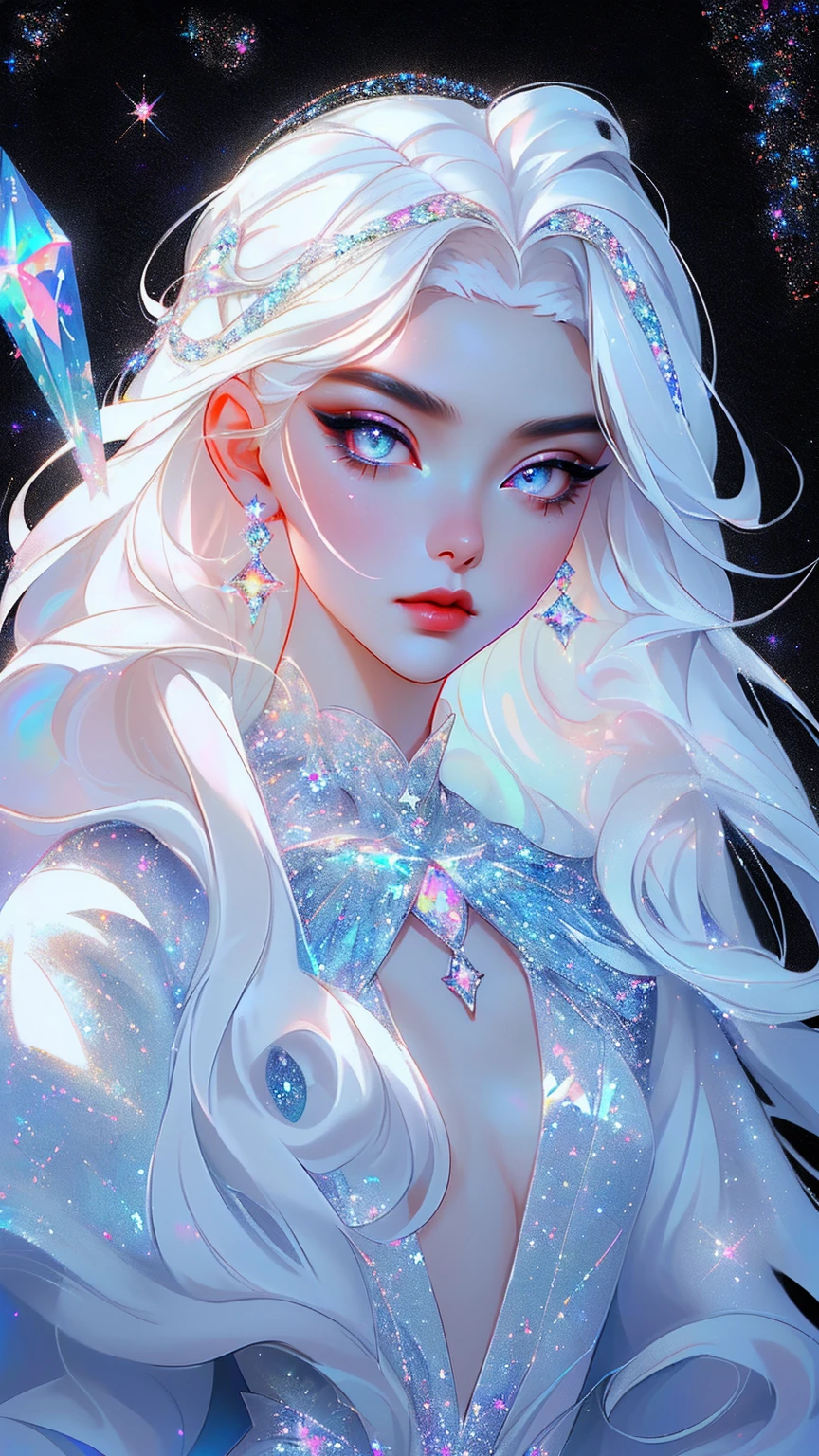 {-erro_de_anatomia:1.0} masterpiece, highest quality, (perfect face:1.1, (high detail)1.1, sweet stardust vampire , long soft white hair, opal eyes, perfectly drawn face, black dress, stars detailed background, prismatic lighting, glitter, whole body,  Dancing lightly. backwadrs, Looking back. Very sexy, with chin resting on shoulder , walkink on the stars with cristal shoes.