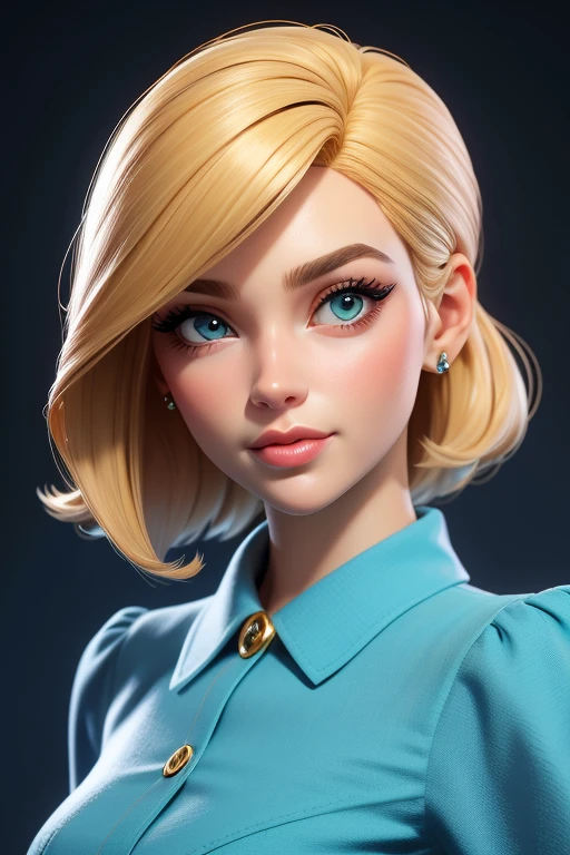 obra-prima, melhor qualidade, trabalho de rending 3d, estilo 3DMM, close-up, retrato, 3D, 1girl, solo, cabelo branco, cabelo longo, colar, sardas, joias, olhando para o lado, realista, parte superior do corpo, fundo simples, franja, olhando para longe, lips parted, olhos Azuis , gargantilha, maquiagem, vestido, super realista, pin up, style of light aquamarine and gold, attractive businesswoman, dirtyblonde hair