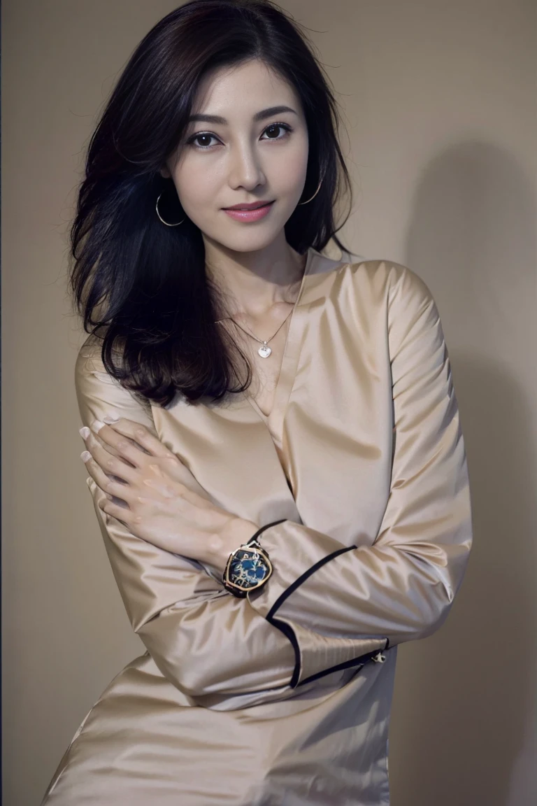 table top、highest quality、Photoreal、finely、High resolution、８K wallpaper、perfect dynamic pose、beautiful slender eyes、medium long hair、big and full breasts、random sexy poses、random situation、（tight beige knitwear）、Breast bulge 1.2）、gentle smile、50 years old、（droopy eyes 1.3）、Mature adult beauties、Japanese、