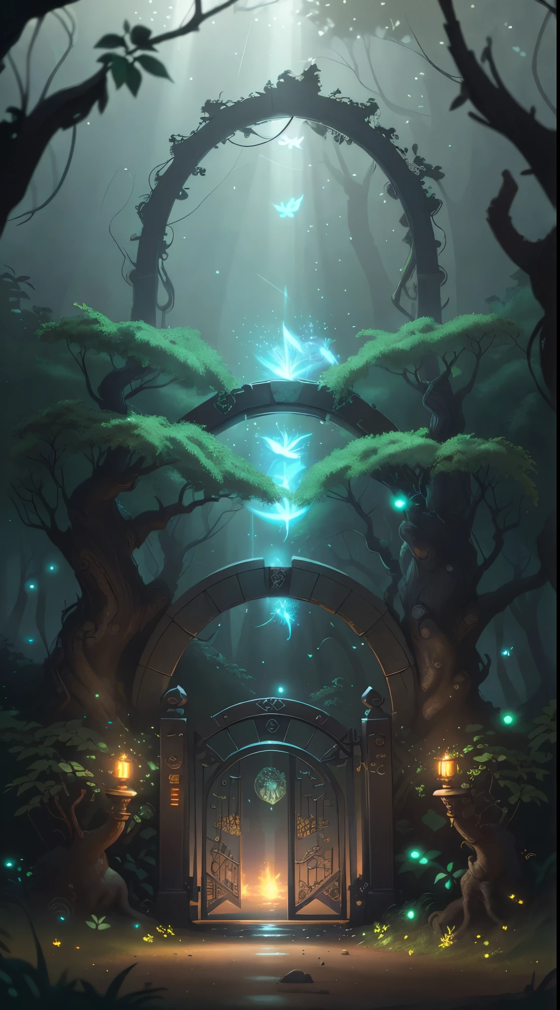 (Digital Artwork:1.3) of (Sketched:1.1) octane render of a mysterious dense forest with a large (magical:1.2) gate (portal:1.3) to the eternal kingdom, The gate frame is designed in a round shape, surrounded by delicate leaves and branches, with fireflies and glowing particle effects, (UI interface frame design), (natural elements), (jungle theme), (square), (leaves) , (twigs), (fireflies), butterflies, (delicate leaves), (glow), (particle effects, light engrave in intricate details, (light particle:1.2), (game concept:1.3), (depth of field:1.3), global illumination,Highly Detailed,Trending on ArtStation