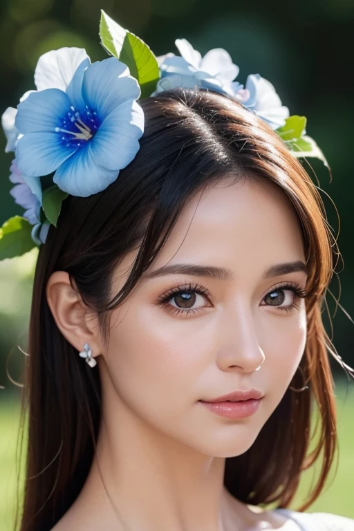 (Masterpiece, Best Quality:1.2),illustration,8k,High Definition,1 girl,Alone,Upper part of the body,(portrait:1.2),ounces (blue lane),big breasts,mariposa,neckline,shelter,dress,by the floating,estampado floweral,flower,hair over one eye,kimono,multicolor fur,japanese clothes,wide sleeves,long sleeves,purple eyes,side slit,very long hair,white shelter,white dress,by white,blue mariposa on eye,