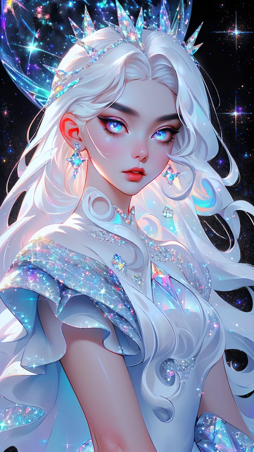 {-erro_de_anatomia:1.0} masterpiece, highest quality, (perfect face:1.1, (high detail)1.1, sweet stardust vampire , long soft white hair, opal eyes, perfectly drawn face, black dress, stars detailed background, prismatic lighting, glitter, whole body,   walking on the stars with crystal shoes.