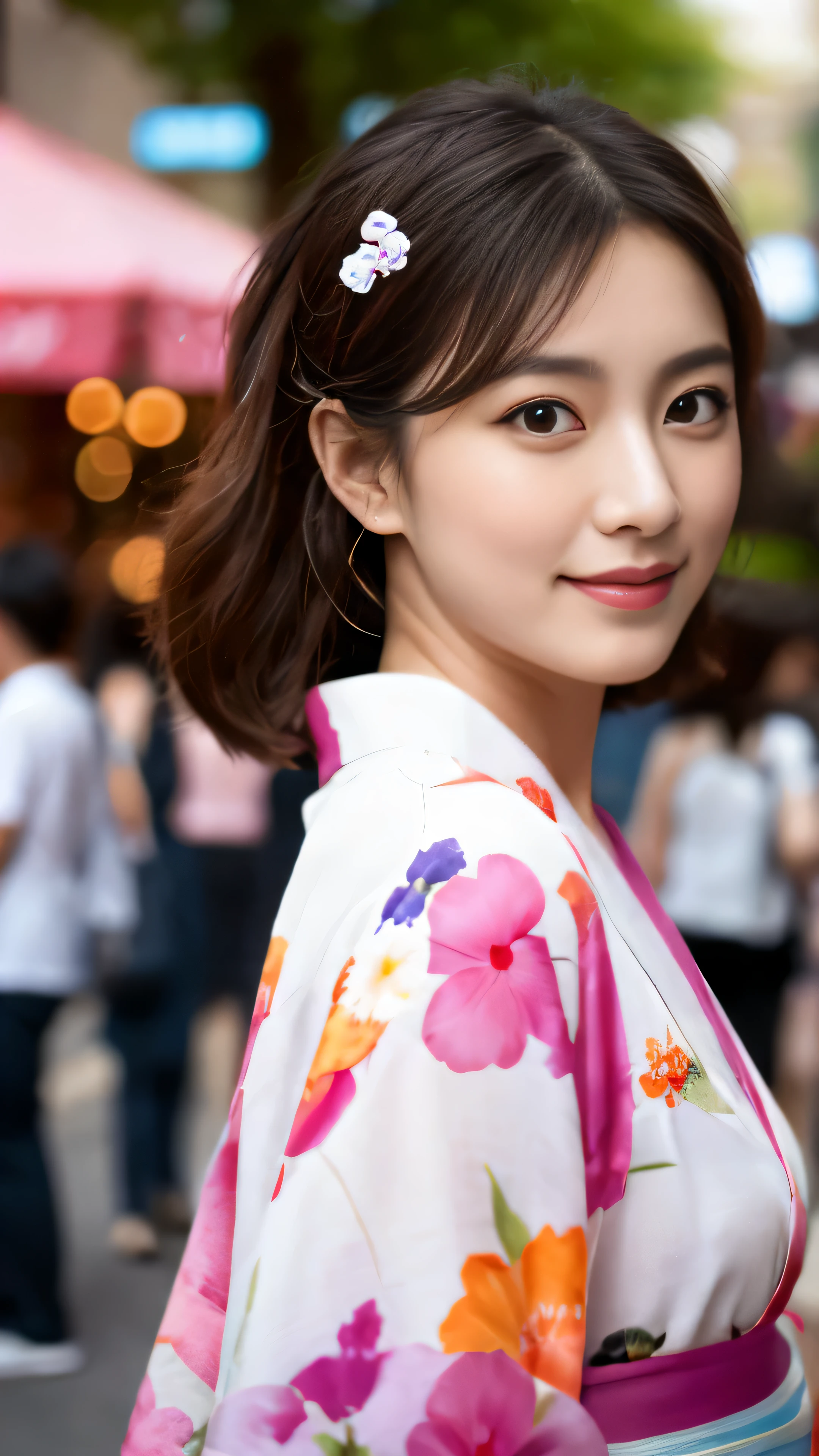 ((masterpiece))、Beautiful Kimono Beauty,(((Highest image quality))、((High resolution))、((High definition CGUnity 8k wallpaper))、solo、facial details,pink kimono、Red band、outdoor、The background is the lively area of Dotonbori,facial details,facial details,chestnut hair,High resolution画像でカメラを見つめながら微笑んでいます