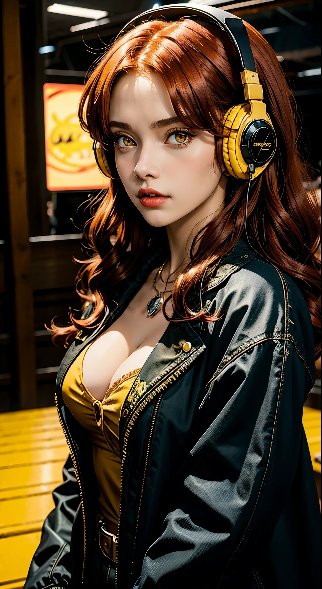 Beautiful woman, red hair, yellow eyes, large perfect snoopy breast, cleavage, highly detailed, black jacket,, vintage, dark fantasy, cowgirl, western style, headphones,