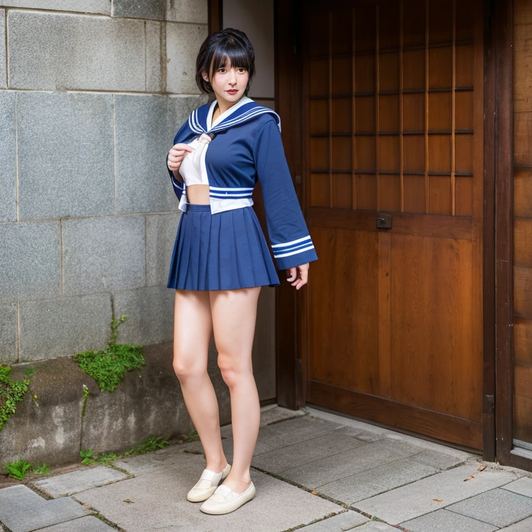 45 year old beautiful Japanese woman。Half-naked blue sailor suit showing big breasts。Blue pleated skirt with exposed crotch and pubic hair visible。Full body with big breasts and pubic hair exposed。Lower panties down to thighs。dark brown loafers。The background is a city sidewalk。