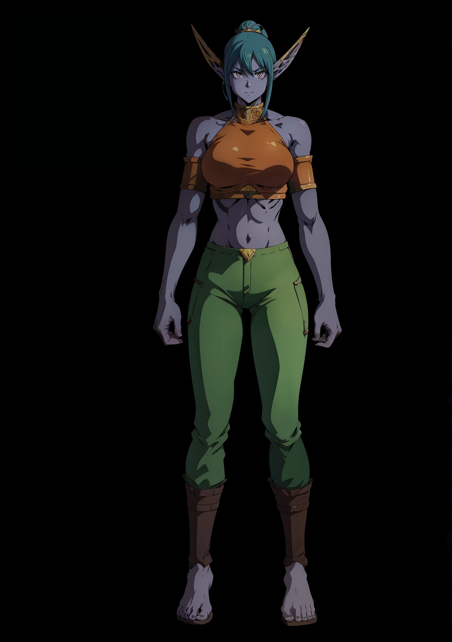 Gere uma imagem arte de anime de uma personagem monstro , elfo feminina,muito forte .