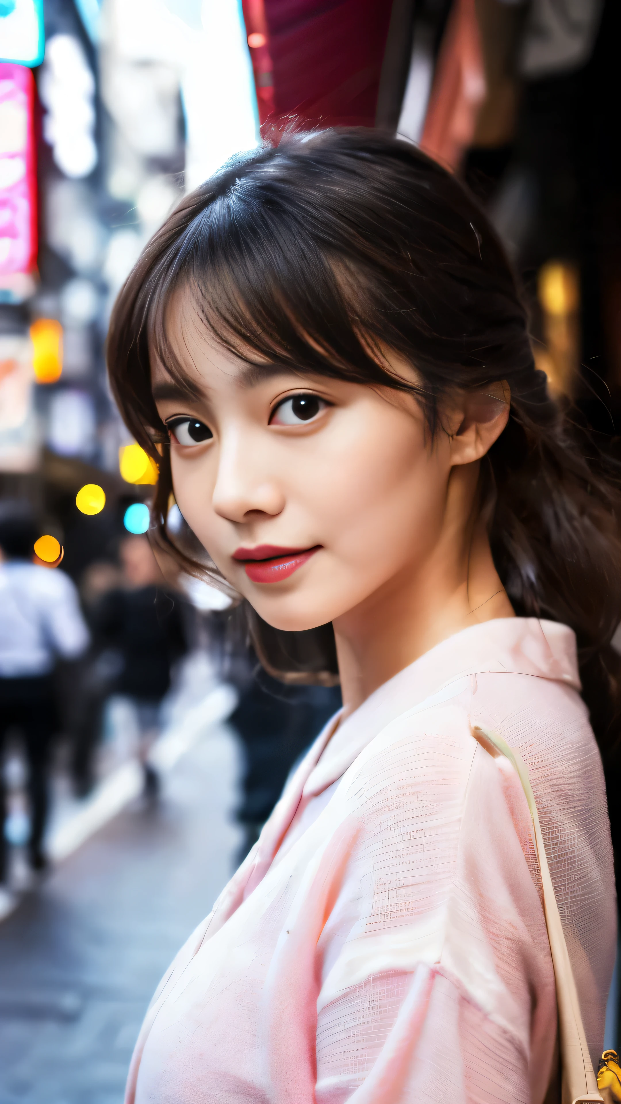 ((masterpiece))、Beautiful Kimono Beauty，(((Highest image quality))、((High resolution))、((High definition CGUnity 8k wallpaper))、solo、facial details，pink kimono、Red band、outdoor、The background is the lively area of Dotonbori,facial details,facial details,chestnut hair,High resolution画像でカメラを見つめながら微笑んでいます