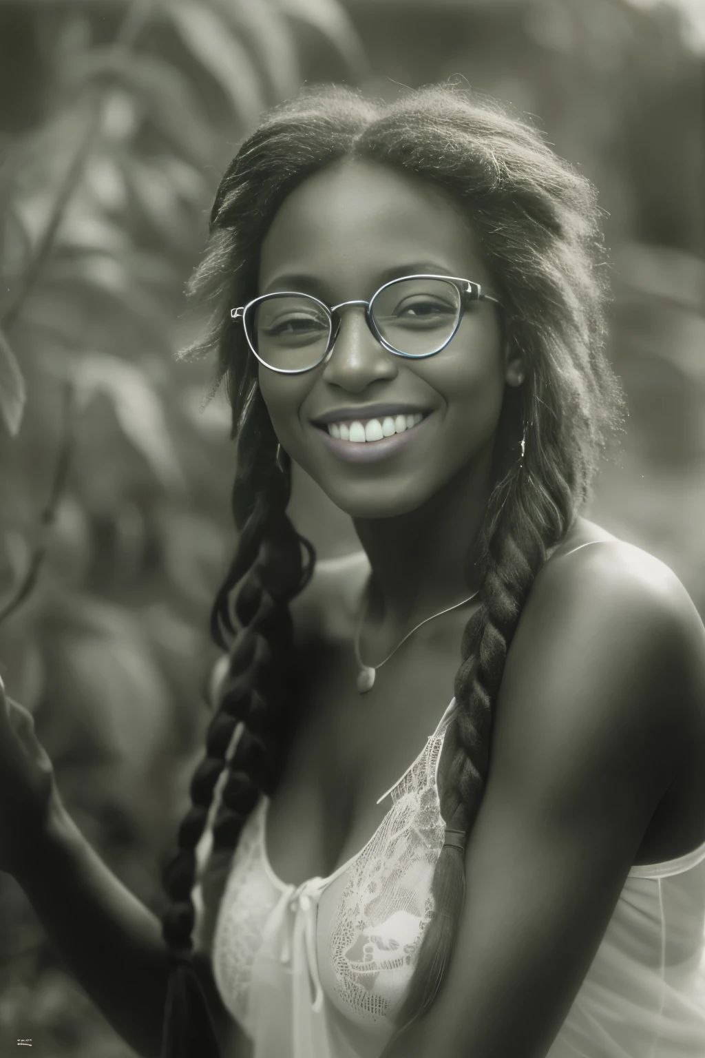 Photo of a ((short Beautiful dark-skinned Haitian Woman wearing glasses and sheer tight negligee with a lustful grinning expression, long braided hair)), kneeling on soul in dense ???????? sativa Spring garden during golden hour, film grain, Ilford HP5, 80mm,