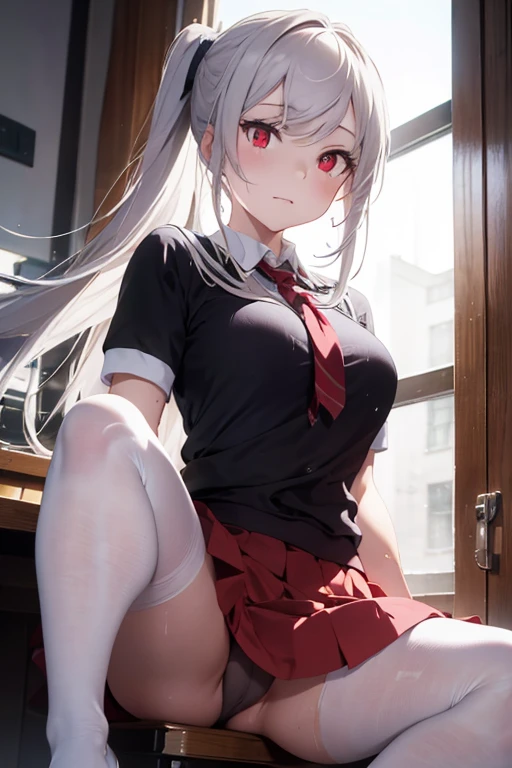 ultra realistic 8k cg, picture-perfect face, flawless, clean, masterpiece, professional artwork, famous artwork, perfect face, beautiful face, beautiful eyes, ((perfect female body)), solo, (immersive atmosphere, chiaroscuro:1.5, bright light:1.2, luminous lighting), showing a delicate slim figure and graceful curveeautiful long legs:1.3), (blush:0.5),seductive expression, extremely detailed_eyes, thick thighs, large breasts, beautifully detailed background, depth of field, realistic:1.3, long shot, 1girl, shirt, pleated skirt, school uniform, sitting, full body, (ambient light:1.3), (cinematic composition:1.3), (neon lights:0.1), (HDR:0.1), Accent Lighting, white open pantyhose in between pussy, (spread legs), pussy visible , pussy, wet pussy, white hair, red eyes
