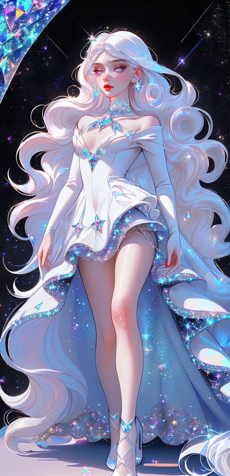 {-erro_de_anatomia:1.0} masterpiece, highest quality, (perfect face:1.1, (high detail)1.1, sweet stardust vampire , long soft white hair, opal eyes, perfectly drawn face, black dress, stars detailed background, prismatic lighting, glitter, whole body,   walking on the stars with crystal shoes.