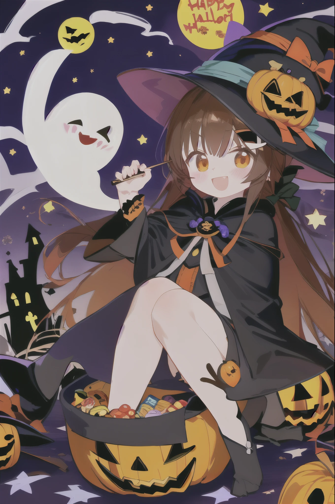 A close up of a person sitting on a pumpkin with a hat - SeaArt AI