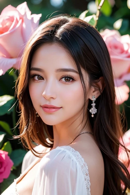 Uma linda mulher de 30 anos em um fundo de flores e rosas e iluminada pela luz do luar , hyper realistic style, perfeitos detalhes faciais e corporais, uhd