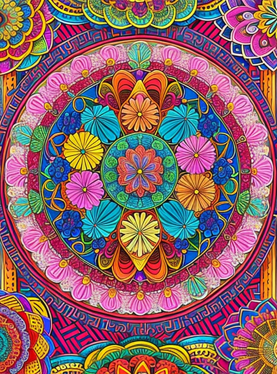 (beautiiful mandala), absurdres, highres, ultra detailed, extremly detailed, (bunch of flowers:1.3), (zentangle:1.2), (geometric:1.2),(vibrant colors),