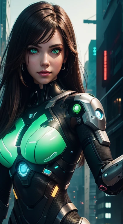 cyborg girl, robot hand, green eyes, cyberpunk city background, neon light, dark brown hair, greeting pose, masterpiece, ultra high details