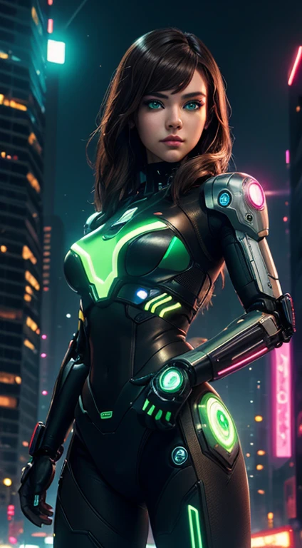 cyborg girl, robot hand, green eyes, cyberpunk city background, neon light, dark brown hair, greeting pose, masterpiece, ultra high details