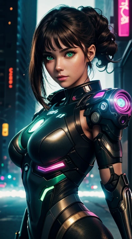 cyborg girl, robot hand, green eyes, cyberpunk city background, neon light, dark brown hair, greeting pose, masterpiece, ultra high details