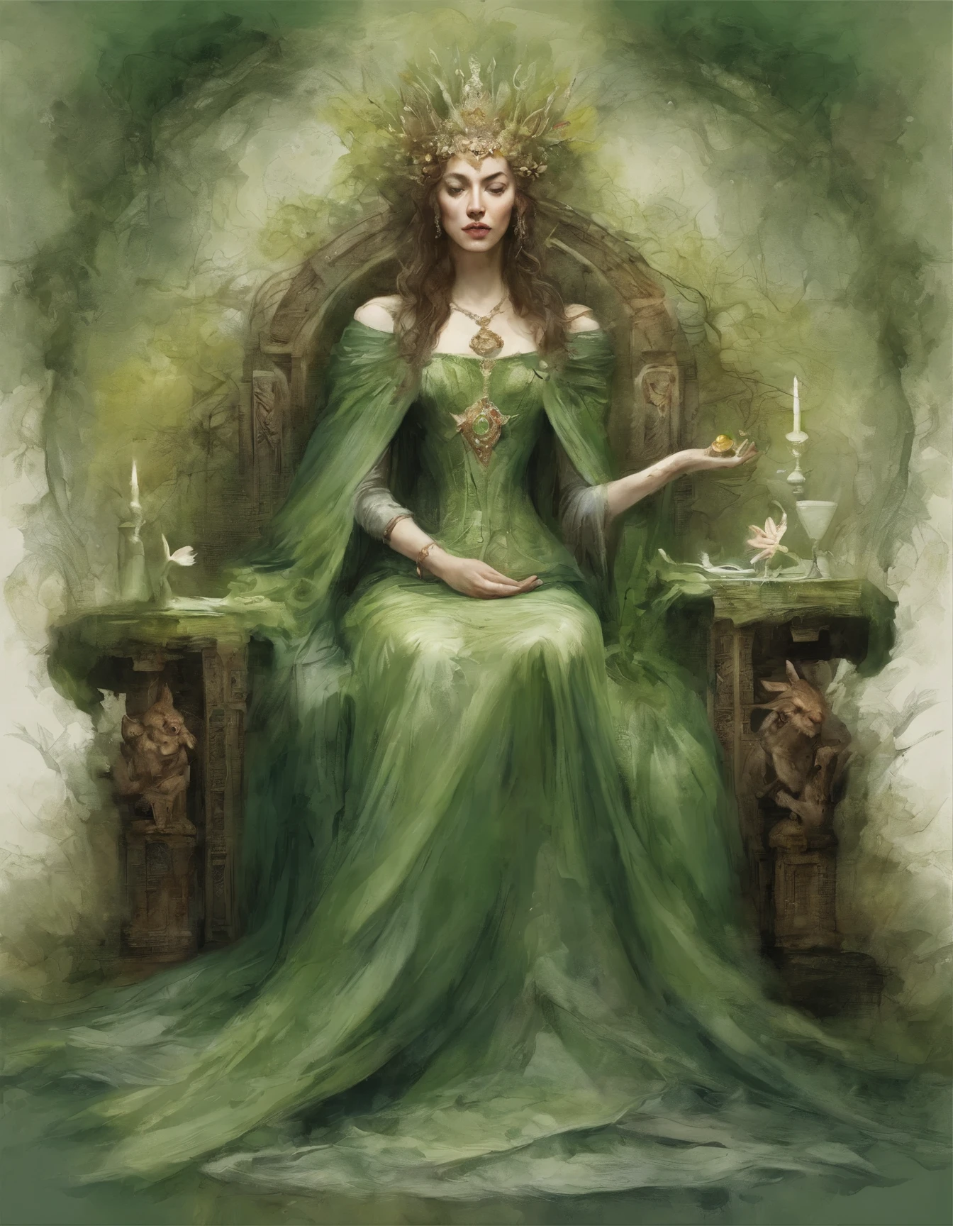 An empress seated on the throne in a large garden on background, wearing a rich deep green dress, adorned with yellow and green jewels, wears a silver tiara and carries in one hand a sword and in the other a golden chalice. A rich garden growing in the bcakground Art by Yoji Shinkawa, symmetric circular iris, approaching perfection, pure form, minimalistic, isometric, concept art by Brian Froud, by Carne Griffiths, by Wadim Kashin, by John William Waterhouse, intricate details, 8k post production, high resolution, TanvirTamim, hyperdetailed, trending on artstation, sharp focus, studio photo, intricate details, highly detailed, by greg rutkowski.