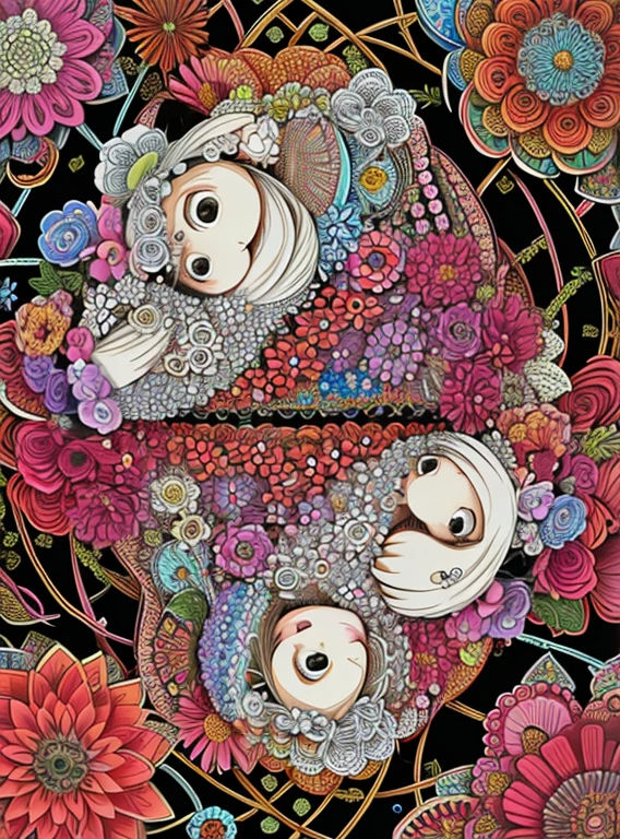 (beautiiful mandala), absurdres, highres, ultra detailed, extremly detailed, (bunch of flowers:1.3), (zentangle:1.2), (geometric:1.2),(black and white),