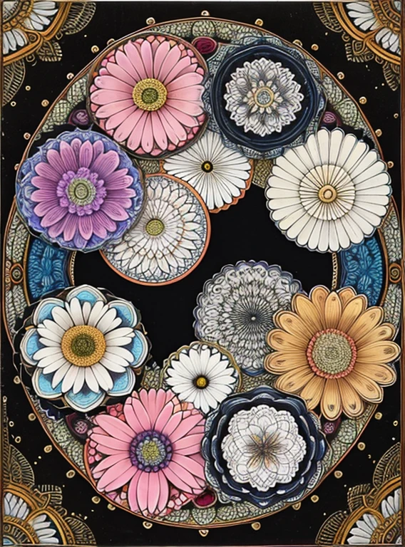 (beautiiful mandala), absurdres, highres, ultra detailed, extremly detailed, (bunch of flowers:1.3), (zentangle:1.2), (geometric:1.2),(black and white),