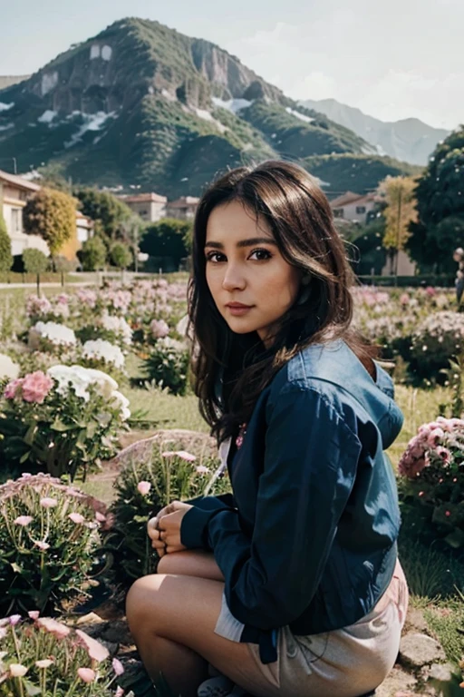 Uma linda mulher de 30 anos em um fundo de flores e ceu azul, hyper realistic style, perfeitos detalhes faciais e corporais, uhd