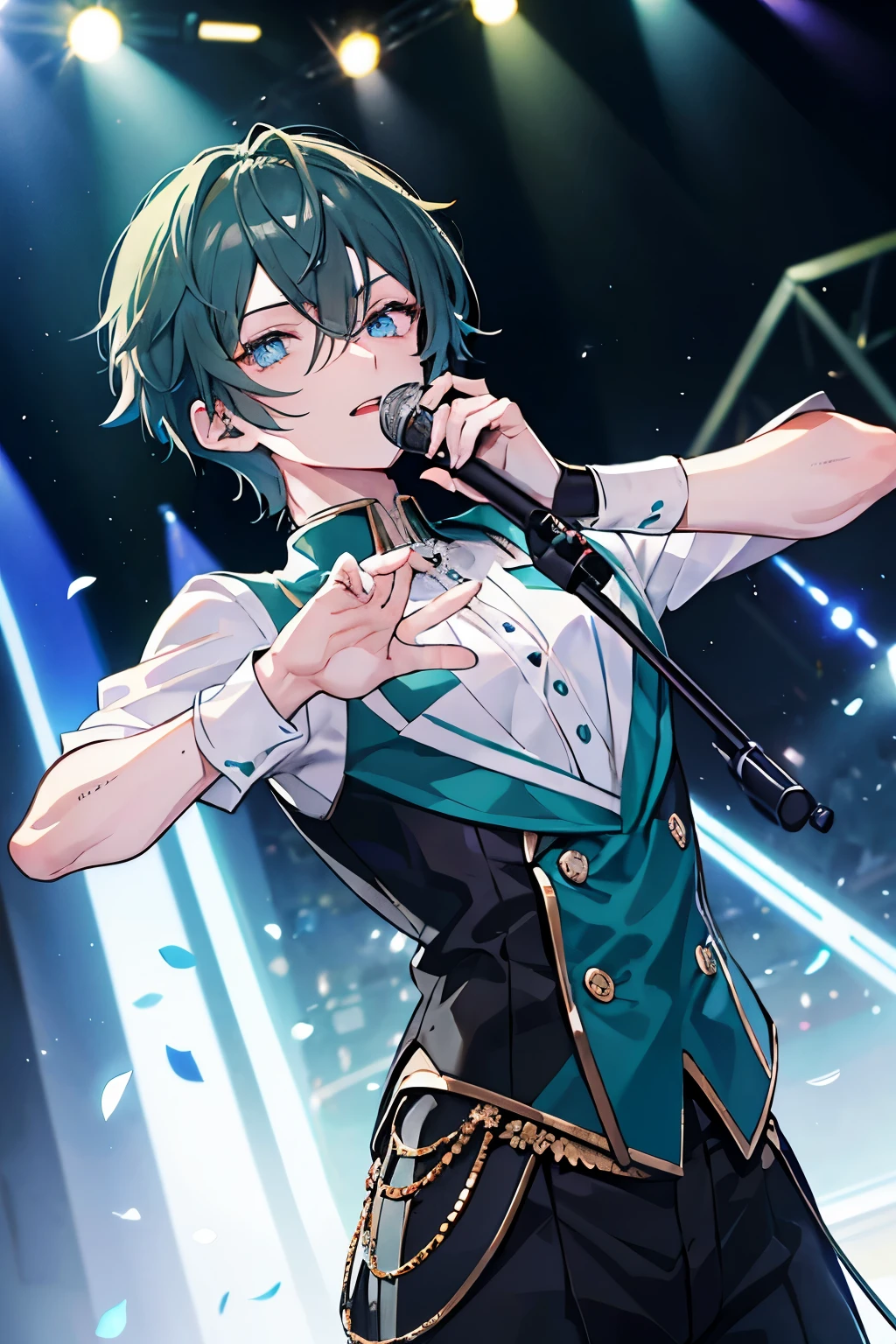 male　Dark green hair　blue eyes　Idol　Idol衣装　sing on stage　one person　Pose with movement　have a microphone　masterpiece　Highest image quality　noise removal　clear parts 　cinematic shadow　Increased attractiveness of the eyes　clear parts the shine of the eyes　Draw eyelashes neatly　perfect eyes　detailed eyes　Sharpen image quality　Sharpen eye writing　clear parts eye shape