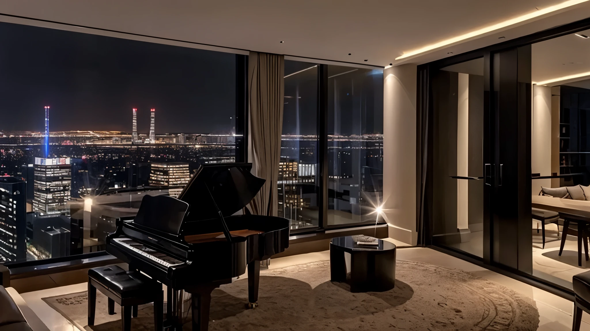 A beautiful large modern high floor apartment with wall to ceiling windows. A wall full of books. A piano. Night outside, city lights, strong rain.