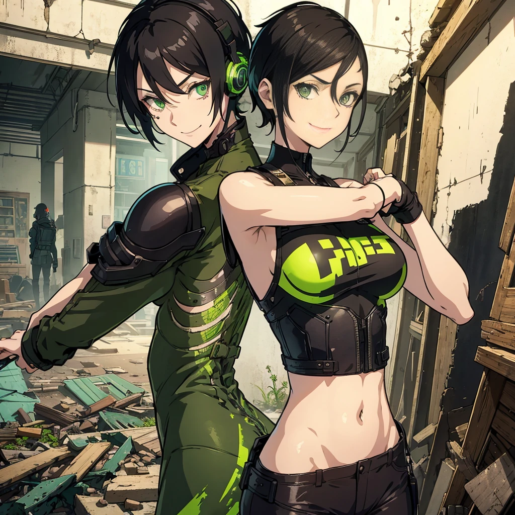 A woman wearing post apocalypitc clothes, short black hair, bright green eyes, and a headphone. She has medium-sized breasts and a toned, strong body. She is in a ruined Shop, one hand in his backback. She is smiling, and it's a sunny and beautiful day.