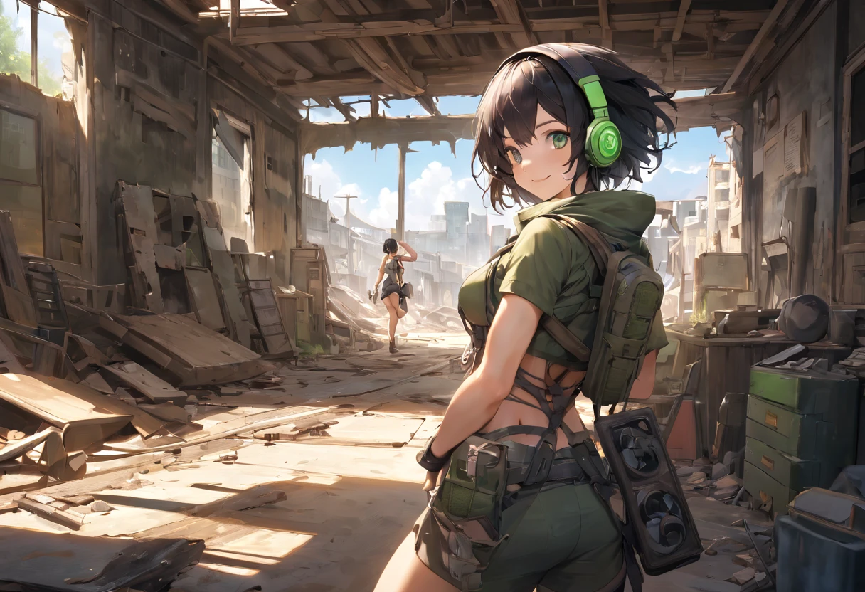 A woman wearing post apocalypitc clothes, short black hair, bright green eyes, and a headphone. She has medium-sized breasts and a toned, strong body. She is in a ruined Shop, one hand in his backback. She is smiling, and it's a sunny and beautiful day.






