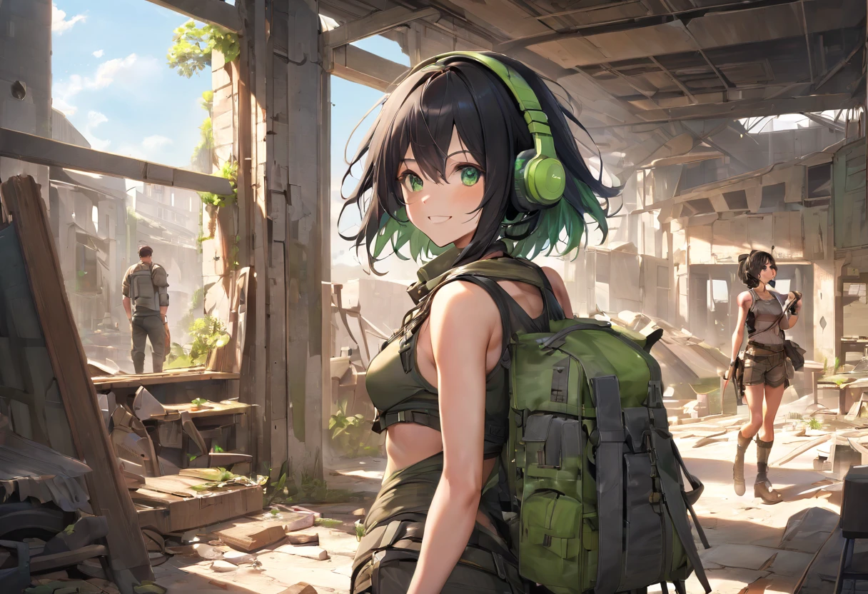A woman wearing post apocalypitc clothes, short black hair, bright green eyes, and a headphone. She has medium-sized breasts and a toned, strong body. She is in a ruined Shop, one hand in his backback. She is smiling, and it's a sunny and beautiful day.





