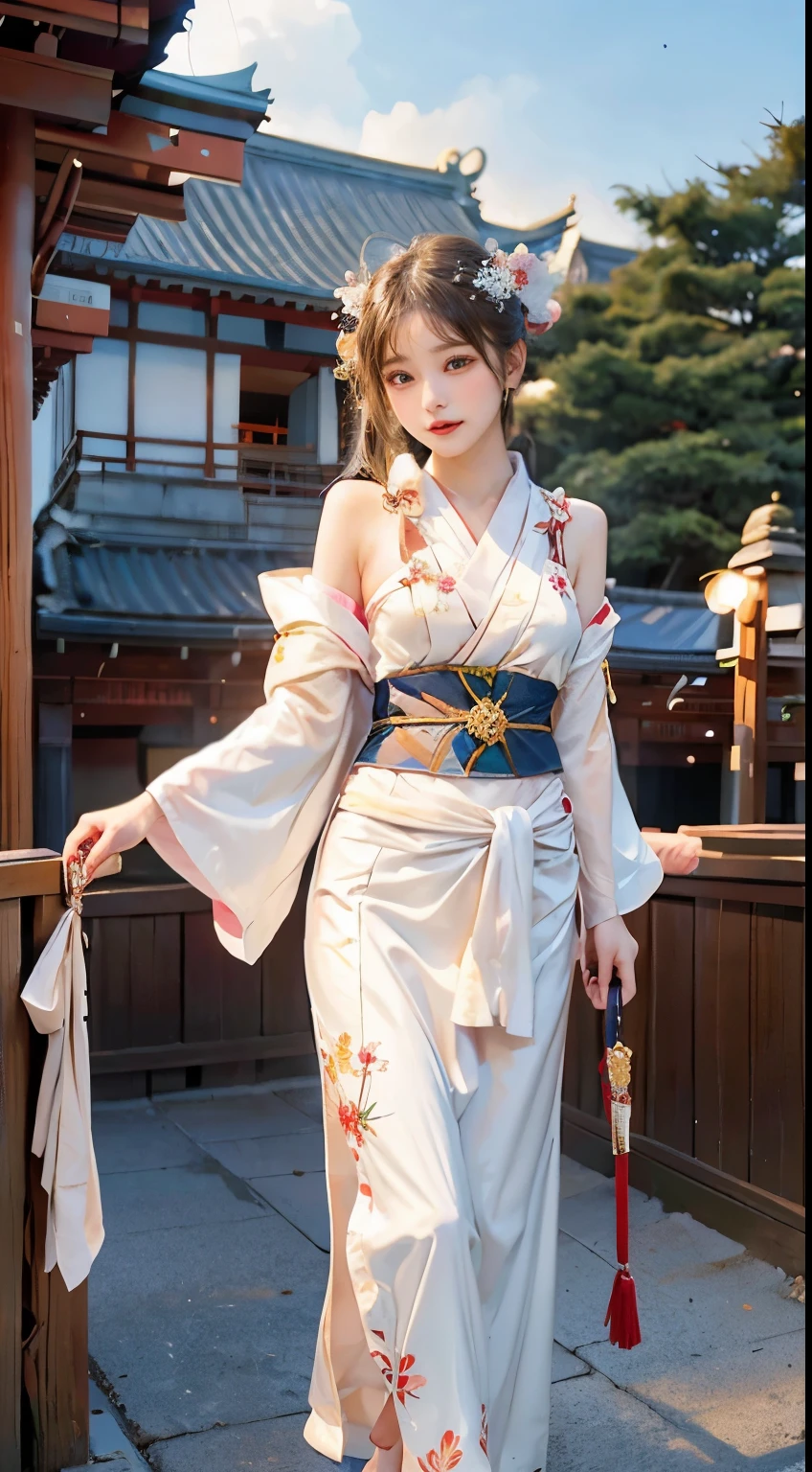 On the stage of a tranquil shrine、A beautiful shrine maiden stands gracefully。She is dressed in traditional shrine maiden costume、A combination of modest exposure and elegant design。Pale colors and delicate patterns reflect the dignity of tradition.、The costumes worn create a sacred atmosphere.。A graceful belt was tied around her waist.、There is a quiet elegance in her demeanor.。Expose your skin sparingly、in harmony with the sacred space、A beautiful shrine maiden figure。