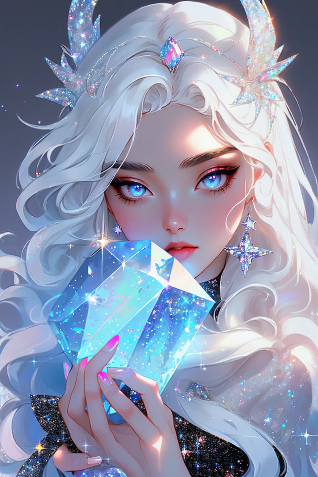 {-erro_de_anatomia:1.0} masterpiece, highest quality, (perfect face:1.1, (high detail)1.1, sweet stardust vampire , long soft white hair, opal eyes, perfectly drawn face, black dress, stars detailed background, prismatic lighting, glitter, whole bod., Very sexy, kneeling holding a crystal star in her hands