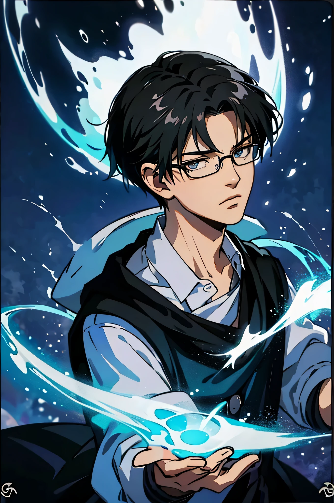 alone, male, Anime character with black-rimmed glasses and black hair, indifferent, bored expression, Silhouette of a spirit behind a glowing character, dynamic lighting,18-year-old,