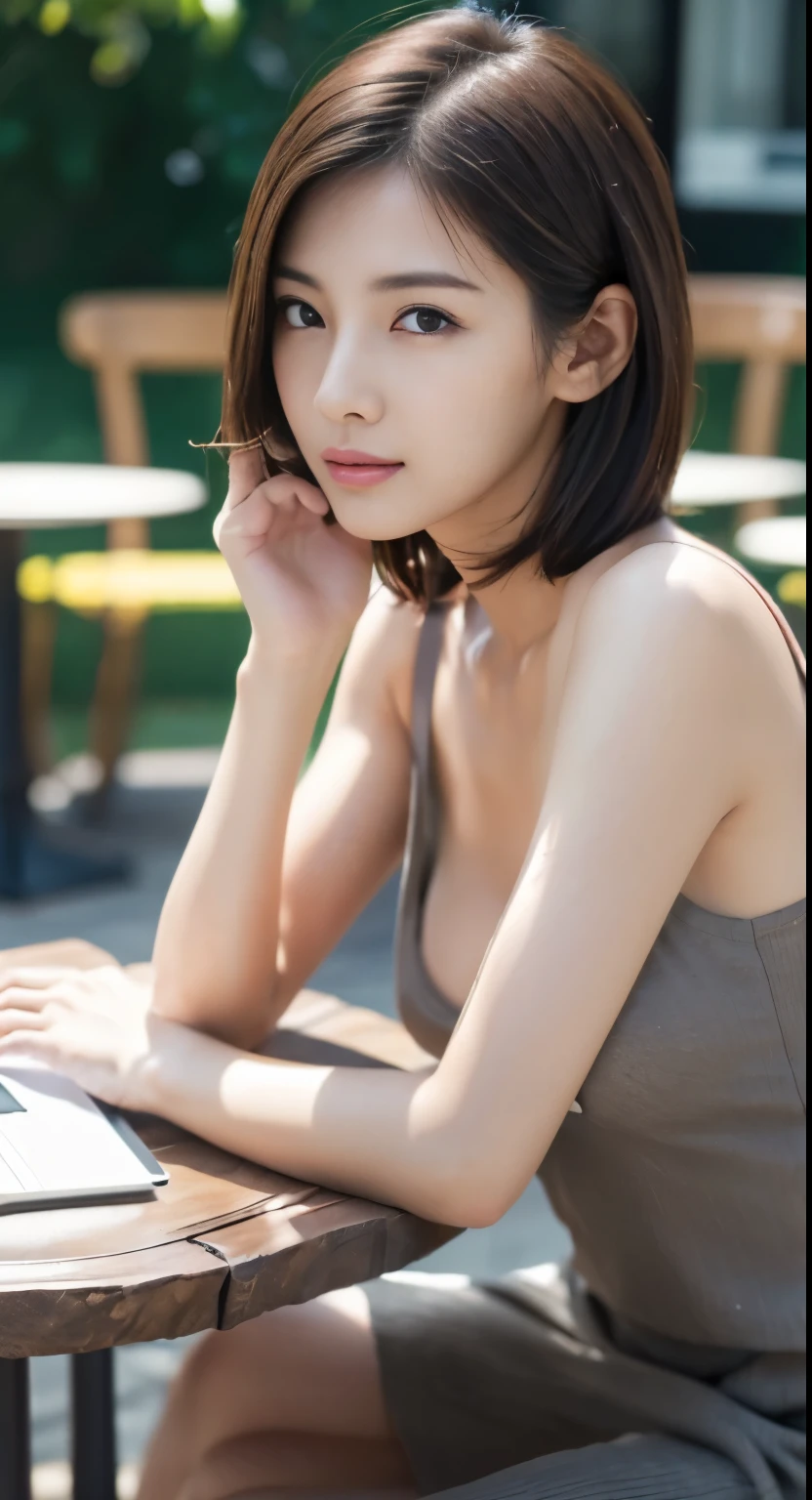 Photorealistic beautiful female student、18-year-old、amazingly beautiful、extremely fine transparency、beautiful body、(highest quality、8K、32K、masterpiece、nffsw:1.3)、ultra high resolution,(Photoreal:1.4),RAW photo, detailed face,,beautiful hair, ((Doctor Style)), ,very short hair 、very short hair、amazingly beautiful二重まぶた、beautiful nipples、 natural makeup,, small perfect breasts, wet hair、detailed background, perfect lighting, Depth of written boundary, beautiful shadow gradation、thin limbs、thin thighs、(whole body)、((suit))、((stylish cafe、Inside the store、cafe table and stylish chairs、coffee、Control your laptop))、Beautiful and slim perfect body、beautiful high nose、side view