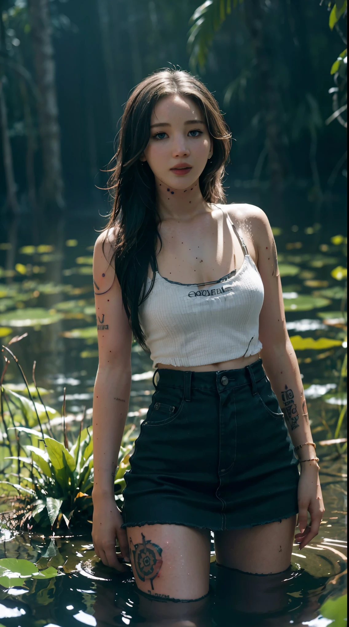 15 years old, gorgeous cute  Argentinian girl, smirk, freckles, (dark skin:1.4), (medium white long hair:1.4), (Jennifer Lawrence:1.4), "(Best Quality,hight resolution:1.2),The woman,Expressive wrinkles,Bob haircut,jeans skirt,blouse,dark lace stockings with garters, ( drowning in a swamp:1.2),Detailed eyes and face,expression of despair,Dark and moody lighting,ominous vibe,desperation,trap, Imminent Doom"Sharing, famous beautiful model, good young girl, (masterpiece:1.0), (best_quality:1.0), ultra high res,4K,ultra-detailed, photography, 8K, HDR, highres, absurdres:1.2, Kodak portra 400, blurry background, bokeh, lens flare, (skin texture:1.2), (vibrant_color:1.2),professional photograph, (the_tattoo:1.4), (beautiful_face:1.5),(narrow_waist). --v 6