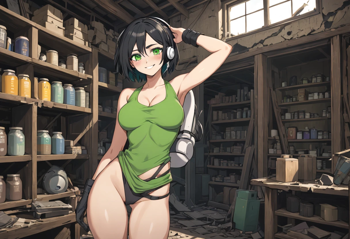 A woman wearing post apocalypitc clothes, short black hair, bright green eyes, and a headphone. She has medium-sized breasts and a toned, strong body. She is in a ruined Shop, one hand in his backback. She is smiling, and it's a sunny and beautiful day.