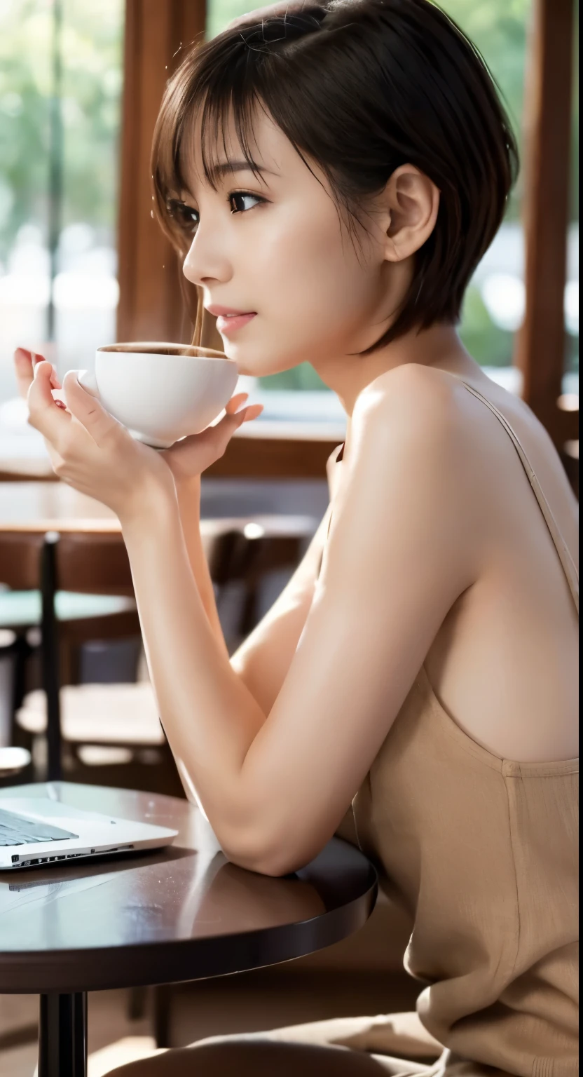 Photorealistic beautiful female student、18-year-old、amazingly beautiful、extremely fine transparency、beautiful body、(highest quality、8K、32K、masterpiece、nffsw:1.3)、ultra high resolution,(Photoreal:1.4),RAW photo, detailed face,,beautiful hair, ((Doctor Style)), ,very short hair 、very short hair、amazingly beautiful二重まぶた、beautiful nipples、 natural makeup,, small perfect breasts, wet hair、detailed background, perfect lighting, Depth of written boundary, beautiful shadow gradation、thin limbs、thin thighs、(whole body)、((suit))、((stylish cafe、Inside the store、cafe table and stylish chairs、coffee、Control your laptop))、Beautiful and slim perfect body、beautiful high nose、side view