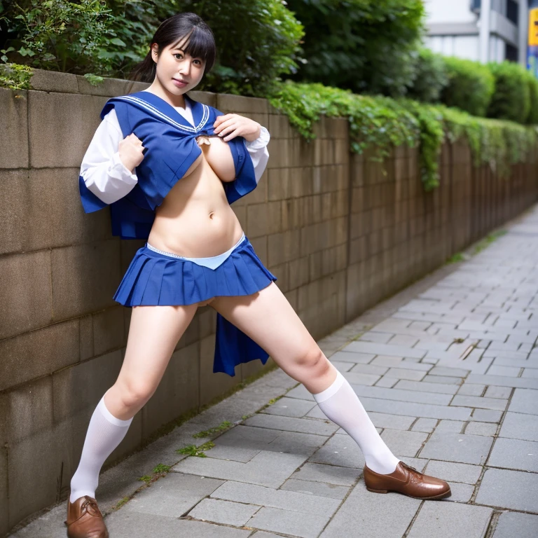 45 year old beautiful half-naked Japanese woman。Open blue sailor suit showing big breasts。Blue pleated skirt with open crotch and pubic hair visible。Full body with big breasts and pubic hair exposed。Lower panties down to thighs。Brown leather shoes。The background is a city sidewalk。