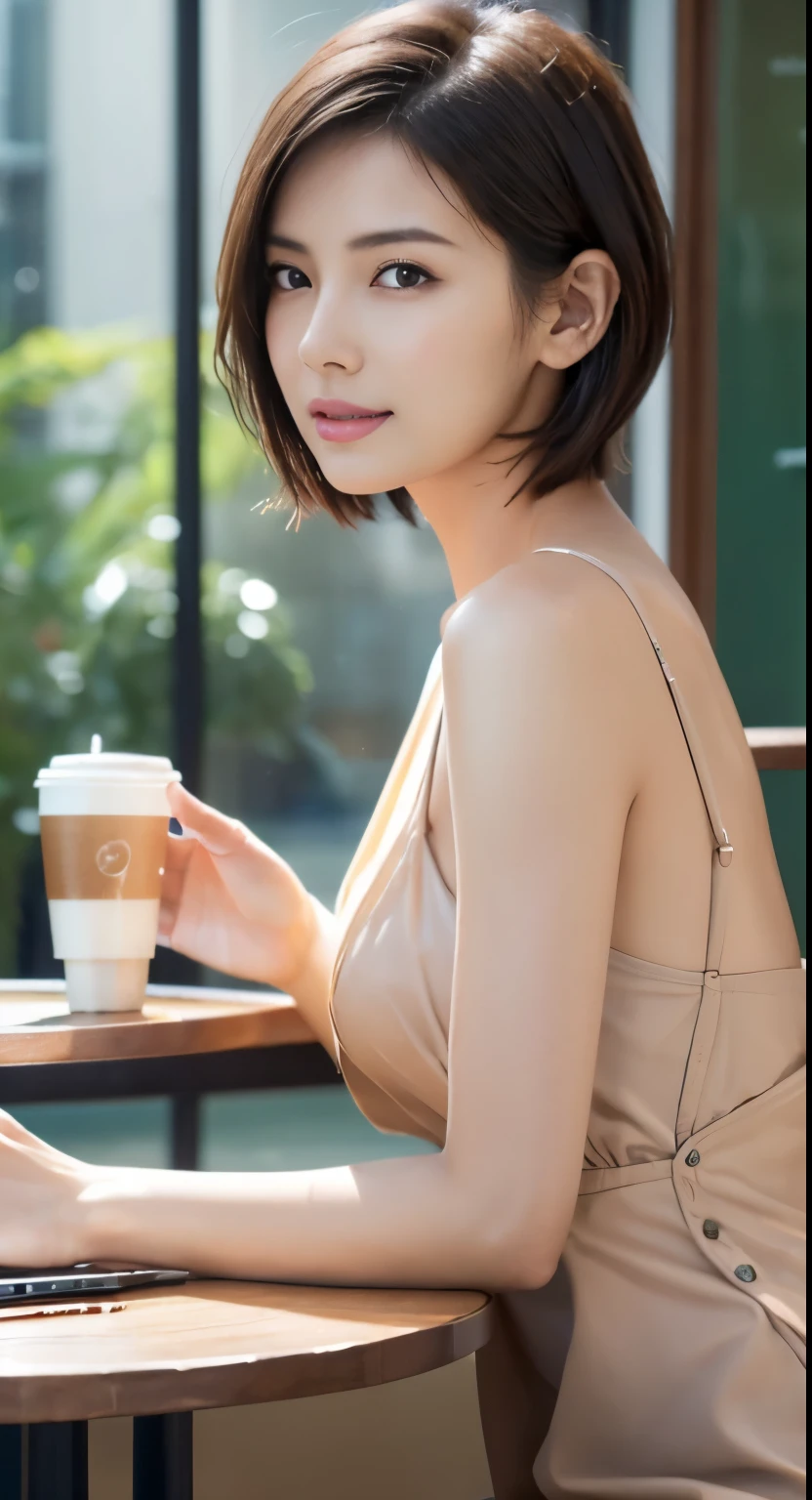 (photo taken:1.2)、(Photoreal:1.4)、(masterpiece:1.3)、(highest quality:1.4)、Super high resolution、(detailed eye)、(detailed facial features)、(Detailed clothing characteristics)、8K resolution、solo focus、bangs、double eyelid、beautiful lips、toned legs、(slender girl)、(japanese girl)、(Japan faces)、1 girl、slim beauty:1.3、brown hair、delicate hair、(big breasts:1.2)、Daikanyama、street、realistic body、white skin、glowing skin、Because I'm slender、(short hair:1.2)、(bangs: 1.2)、Bruised and ugly face、cute face、lifelike face、delicate body、thighs thighs thighs、(Detailed cafe)、Drinking coffee、(Navy Blue Dress)、look at the camera、Terrace seats、((sexy pose))、stunning lighting