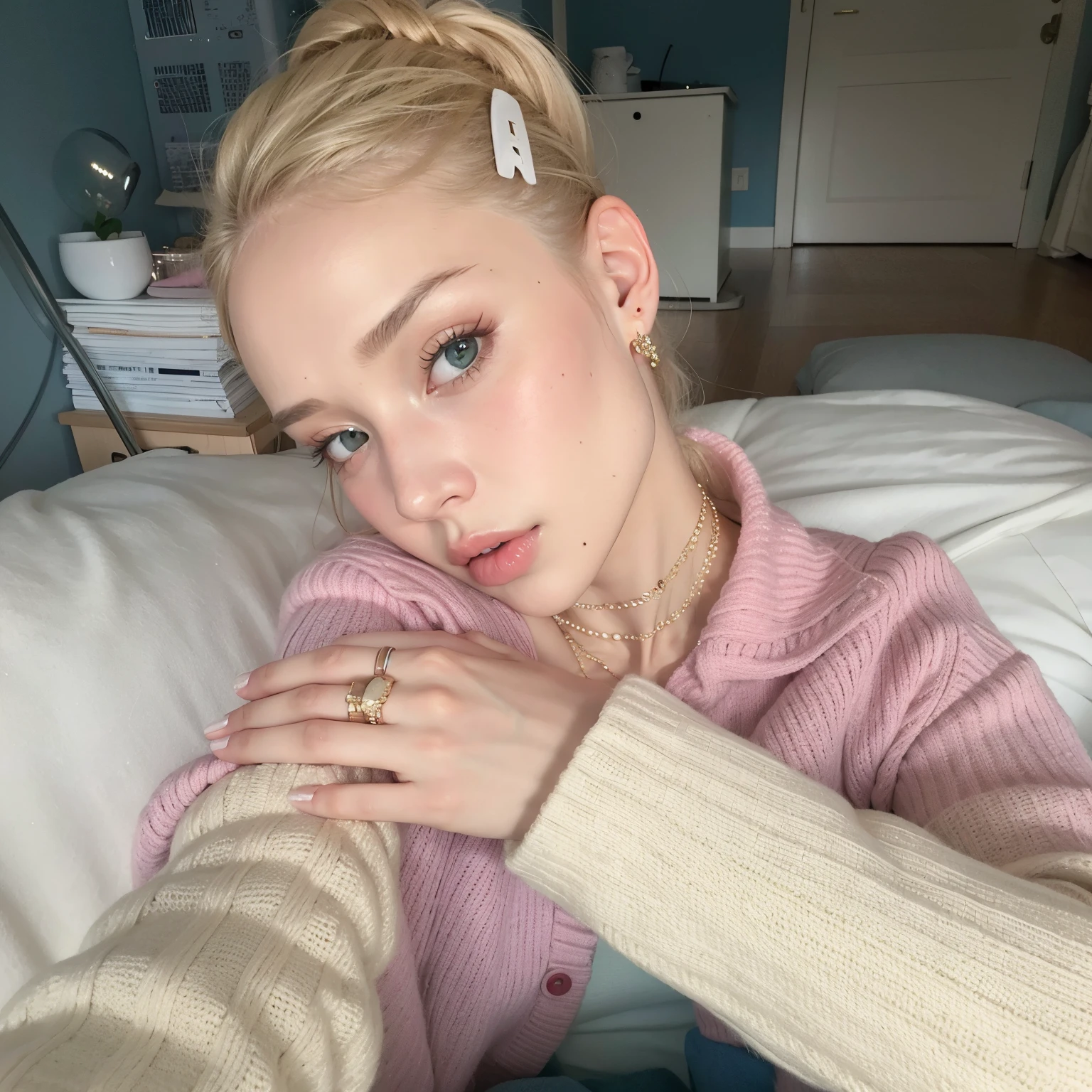 blond woman with a pink sweater and a pearled ring on her finger, eva elfie, in style of petra collins, sydney sweeney, angie glocka, portrait of kim petras, dasha taran, pale glowing skin, portrait sophie mudd, yelena belova, leaked image, style of julia razumova, soft aesthetic