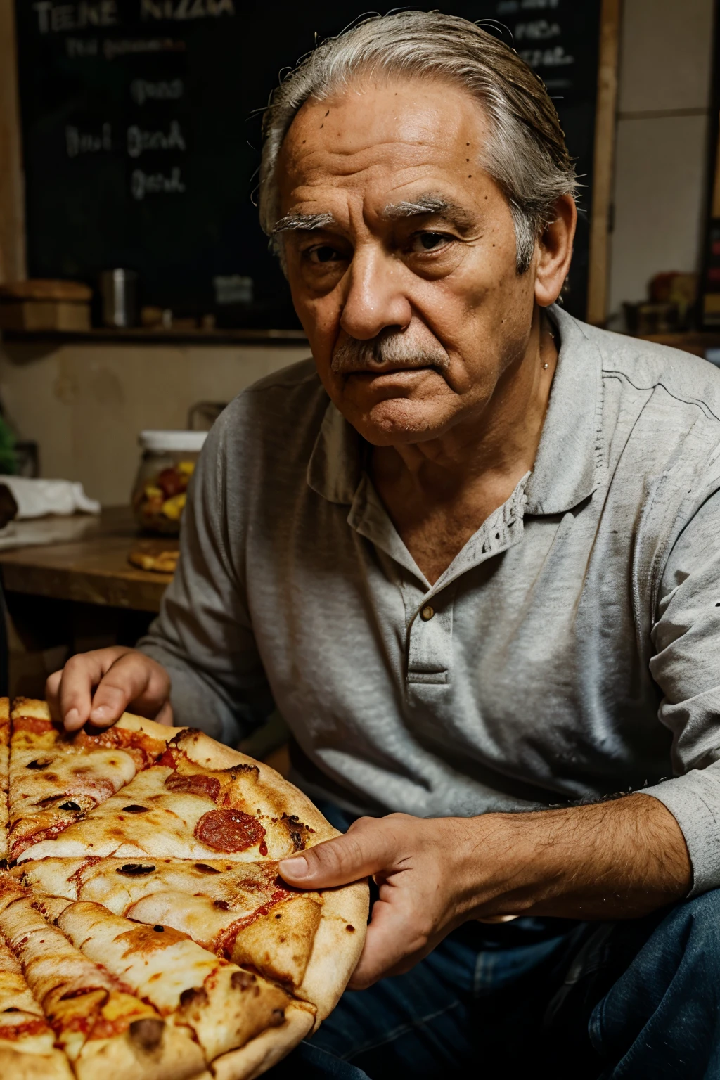 old man thinking about pizza