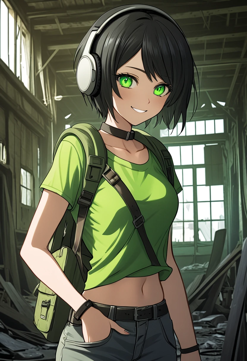 A woman wearing post apocalypitc clothes, short black hair, bright green eyes, and a headphone. She has medium-sized breasts and a toned, strong body. She is in a ruined Shop, one hand in his backback. She is smiling, and it's a sunny and beautiful day.