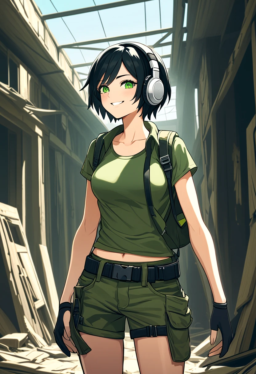 A woman wearing post apocalypitc clothes, short black hair, bright green eyes, and a headphone. She has medium-sized breasts and a toned, strong body. She is in a ruined Shop, one hand in his backback. She is smiling, and it's a sunny and beautiful day.





