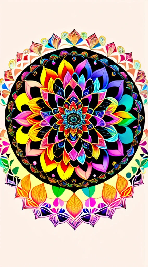 a colorful flower with a black background, colorful mandala, mandala art, lotus mandala, mandala ornament, super detailed color art, mandalas, rainbow gradient bloom, colorful intricate masterpiece, detailed art in color, intricate colorful masterpiece, mandalas, super detailed color art, psychedelic art style, intricate colorful, ornate flower design, vibrant high contrast coloring, multicolored vector art