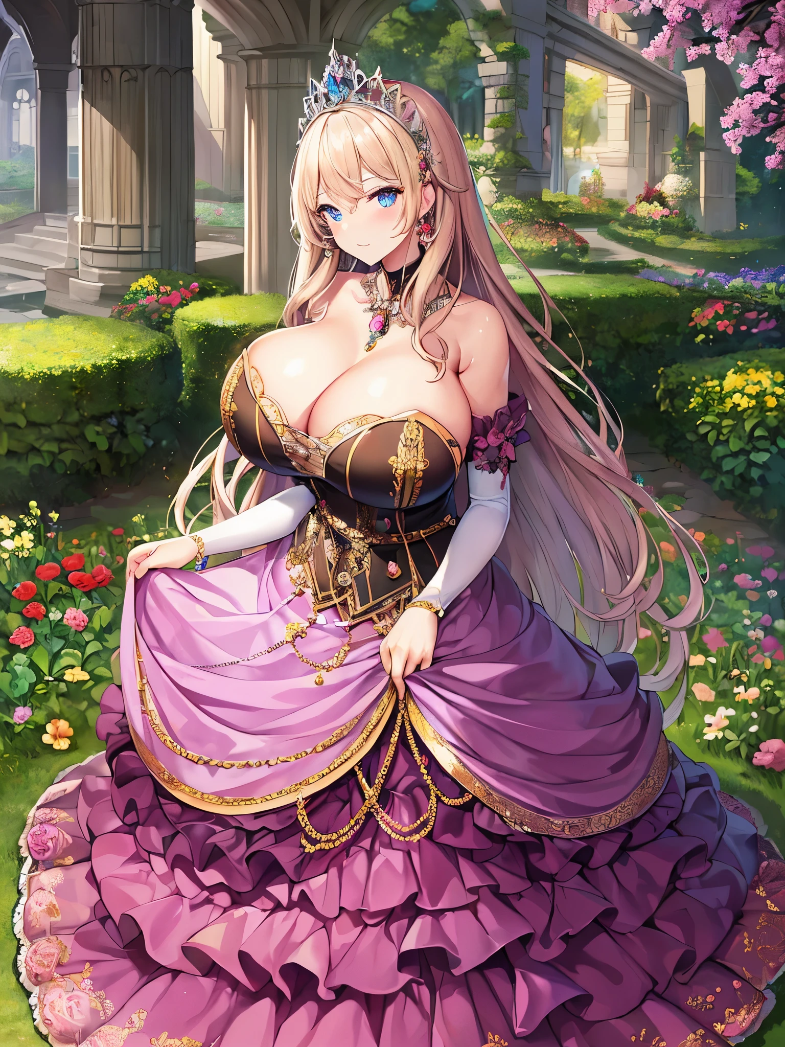anime artstyle,Masterpiece,Best Quality,Super Detail,((Very Delicate and Beautiful)),(((1 plump princess in beautiful embroidery and jeweled gorgeous rococo ballgown with voluminous hoop skirt))),((Solo)),Standing,elegant pose,((full body)),(((very gigantic breasts,very gigantic breasts,sagging breasts,skindentation))),cleavage,detailed face and eyes,jewel-like eyes,((extremely voluminous straight Hair,Extremely Long Straight Hair)),(gorgeousfull embroidery and lace,beautiful embroidery and jeweled),Gorgeous Gemstone Jewelry,gorgeous corsage,gorgeous hair ornament,((glitter jeweled gorgeous tiara)),((full body)),((beautiful embroidery and jeweled gorgeous rococo ballgown with voluminous hoop skirt)),(crinoline),((Standing in garden)),castle,flowers,flower petals flowing,Looking at viewer,(((beautiful embroidery and jeweled gorgeous rococo ballgown with voluminous hoop skirt))),full body,