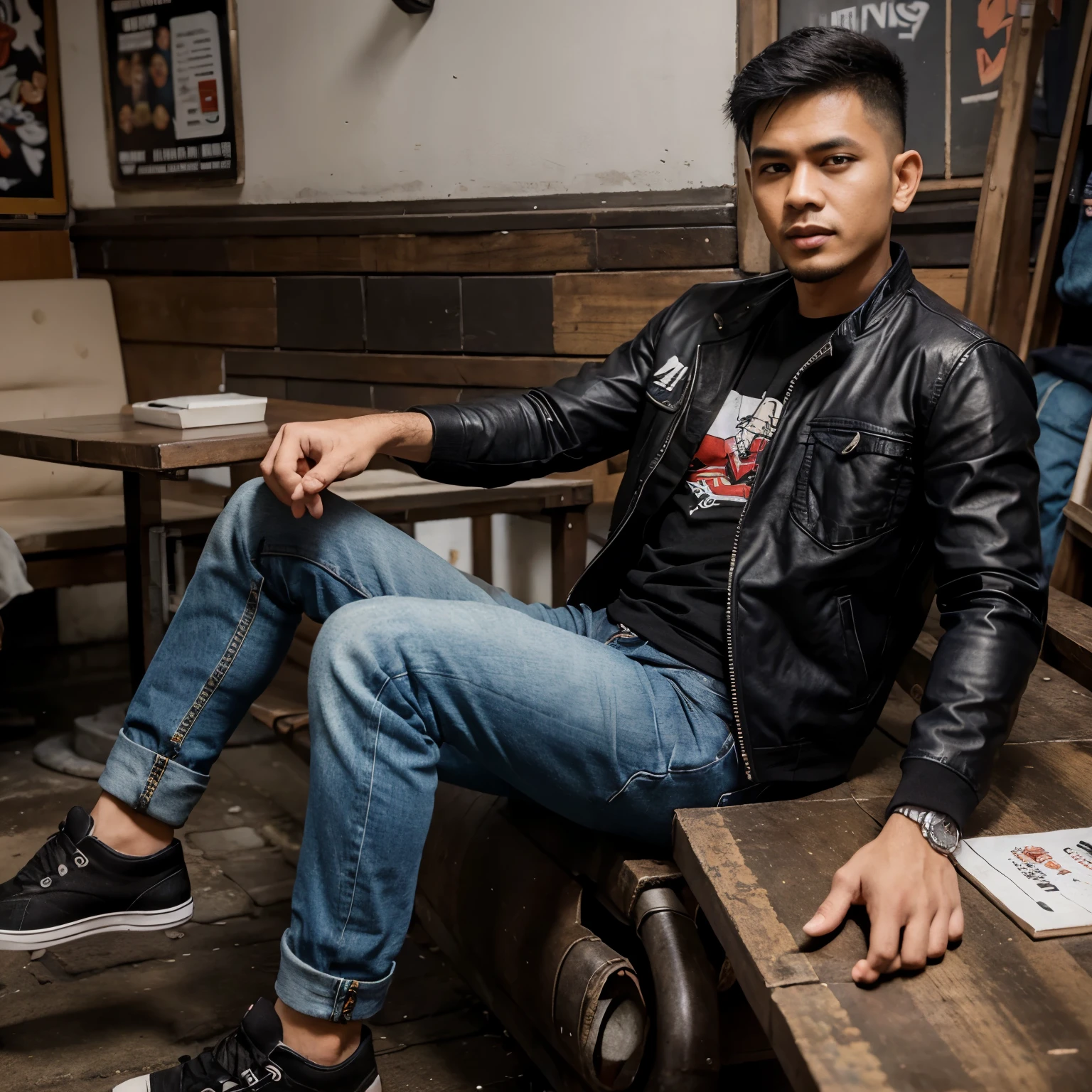 karikatur cowok ganteng duduk di motor klasik,memakai jaket jeans dalaman kaos warna putih didepan warung kopi.
