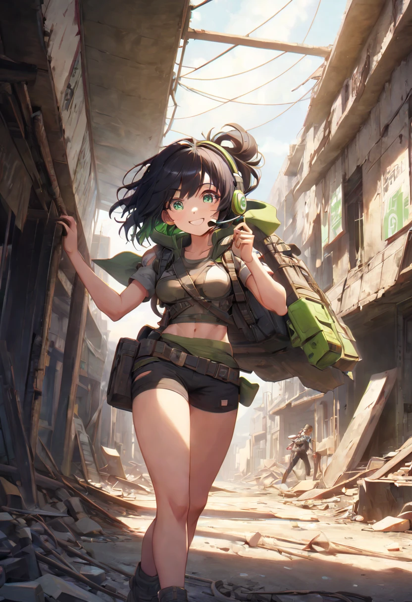 A woman wearing post apocalypitc clothes, short black hair, bright green eyes, and a headphone. She has medium-sized breasts and a toned, strong body. She is in a ruined Shop, one hand in his backback. She is smiling, and it's a sunny and beautiful day.





